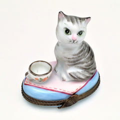 Retired Cat with Tea Cup of Milk Limoges Trinket Box - Signed 