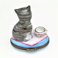 Retired Cat with Tea Cup of Milk Limoges Trinket Box - Signed 